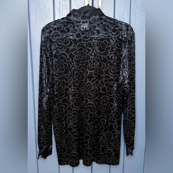 Vintage Floral Velvet Sheer Shirt Blouse Satin Trim XL Whimsigoth Dark Romance - Picture 2 of 6